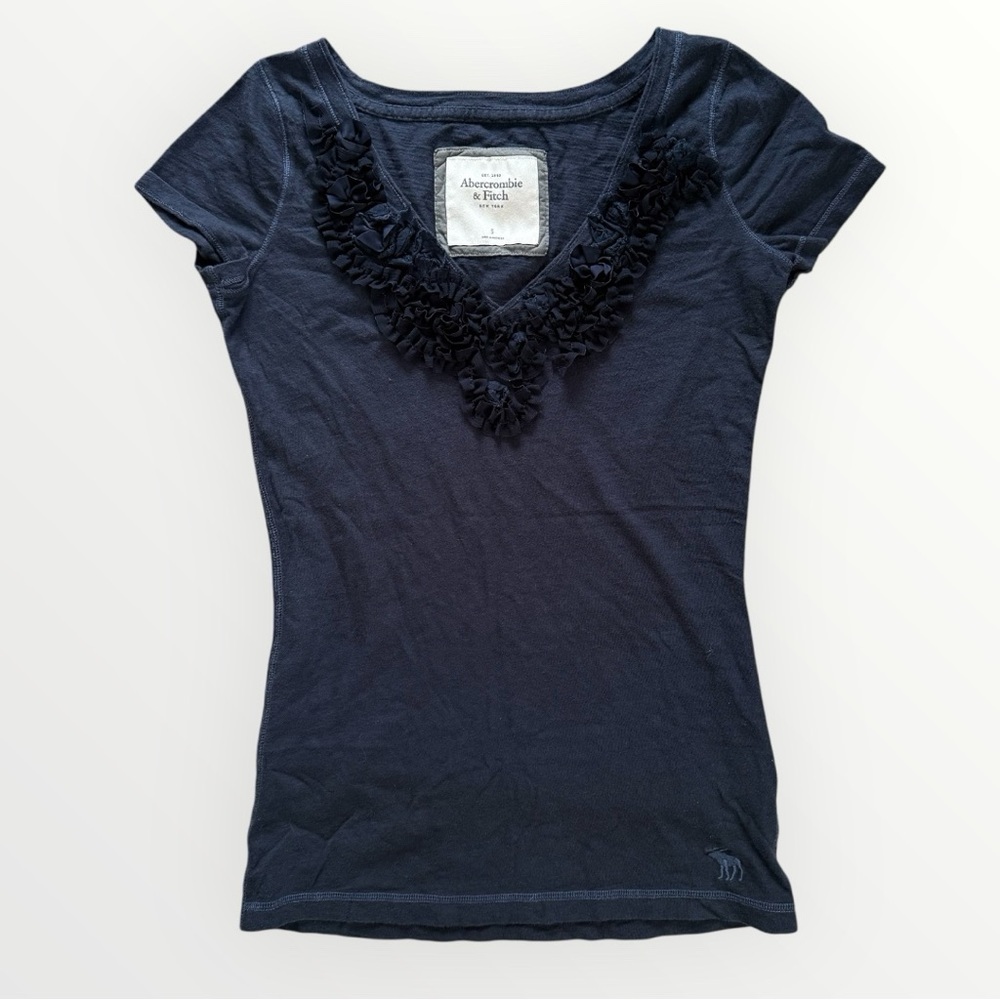 Abercrombie & Fitch Vintage Y2K Navy Blue Ruffle V-Neck Tee Top Size Small